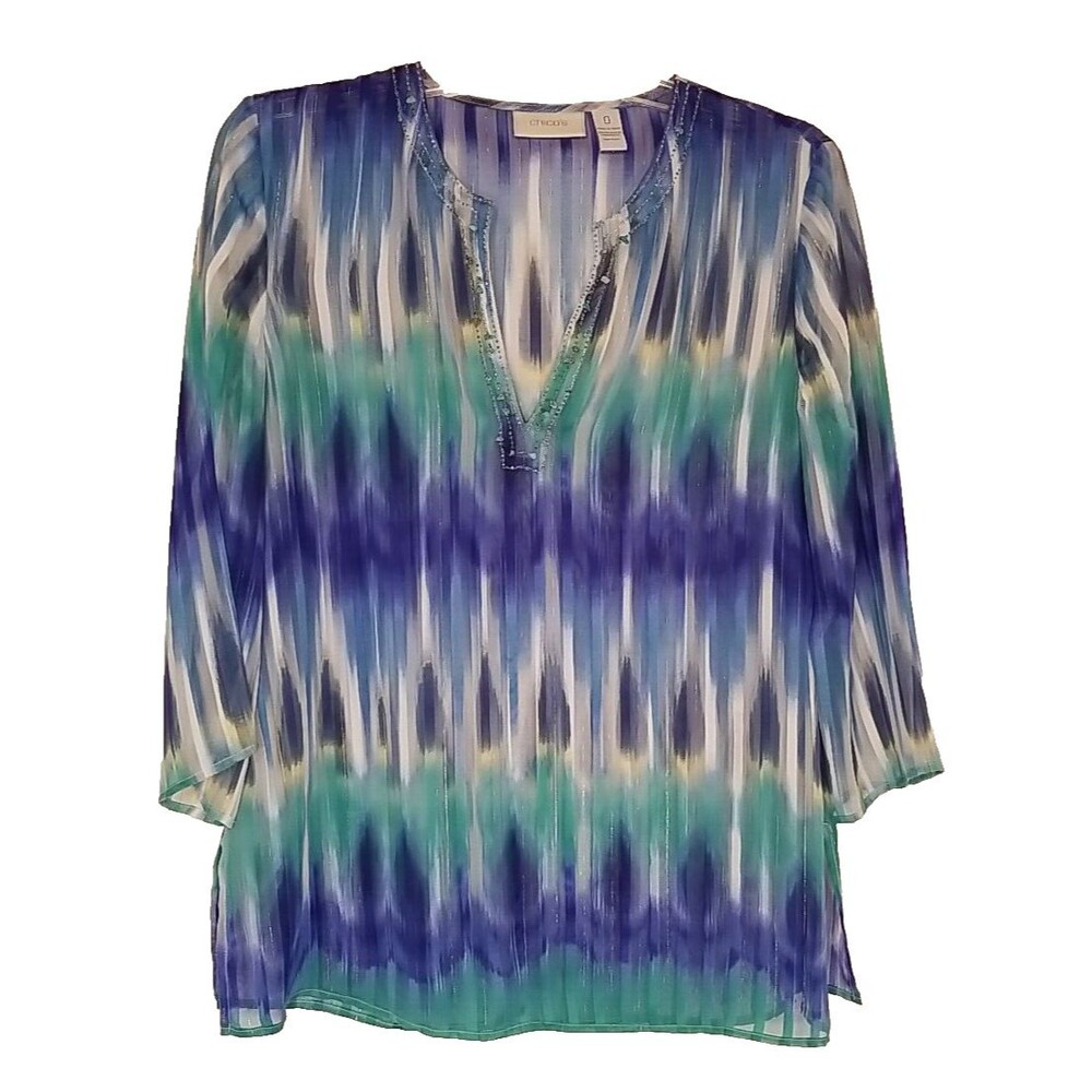 Chicos Top Womens 0 Blue Green Tunic Sheer Metallic  Beaded V Neck Blouse    T40